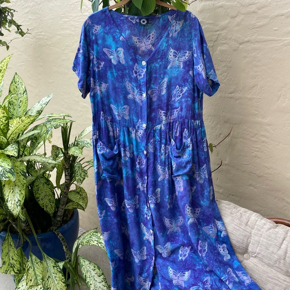 Handmade Blue Poly Butterfly Print Button Pockets Casual House Dress M